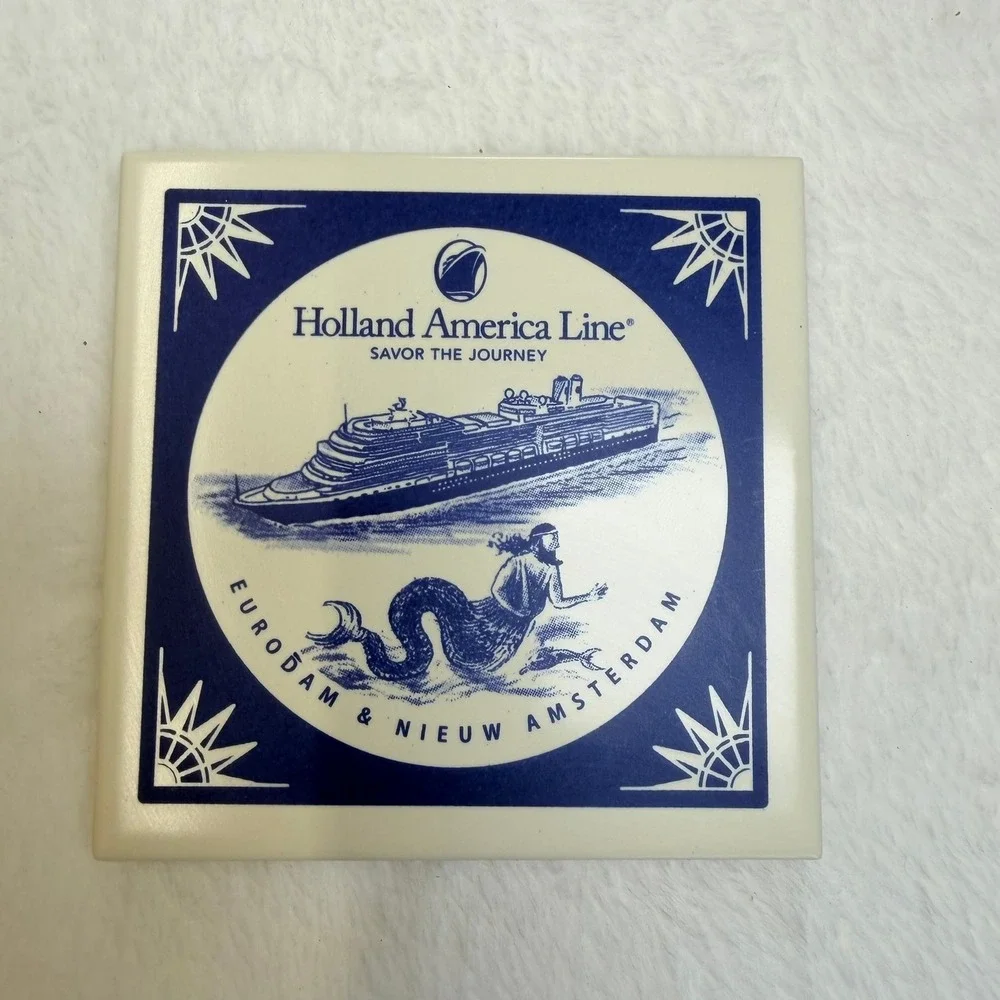 Holland America Line Ceramic Coaster Set of 6 Blue White Nautical Cruise‎ Ships
